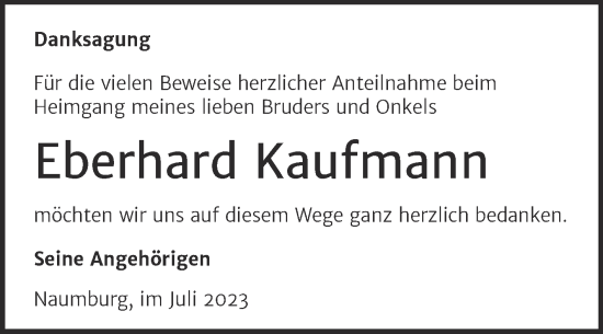 Traueranzeige von Eberhard Kaufmann von Wochenspiegel Naumburg/Nebra