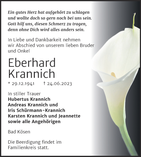 Traueranzeige von Eberhard Krannich von Naumburger Tageblatt