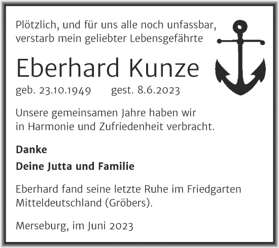 Traueranzeige von Eberhard Kunze von Trauerkombi Merseburg