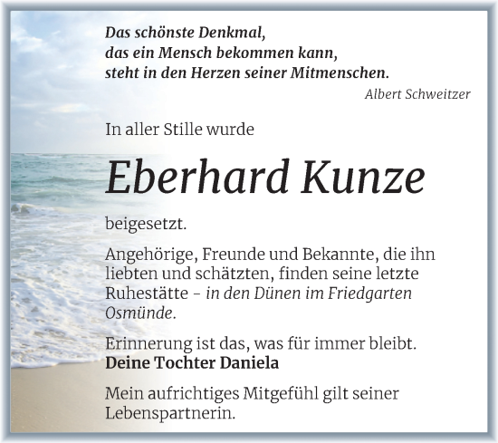 Traueranzeige von Eberhard Kunze von Trauerkombi Merseburg