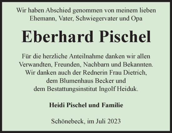 Traueranzeige von Eberhard Pischel von Volksstimme Schönebeck