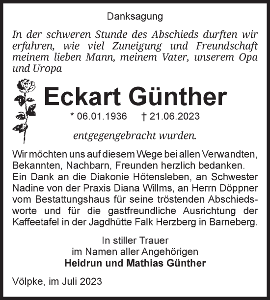 Traueranzeige von Eckart Günther von Volksstimme Oschersleben/Wanzleben
