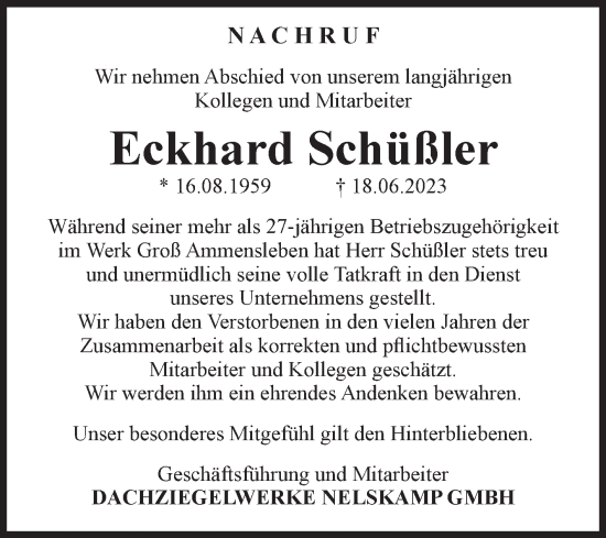 Traueranzeige von Eckhard Schüßler von Volksstimme Haldensleben/Wolmirstedt