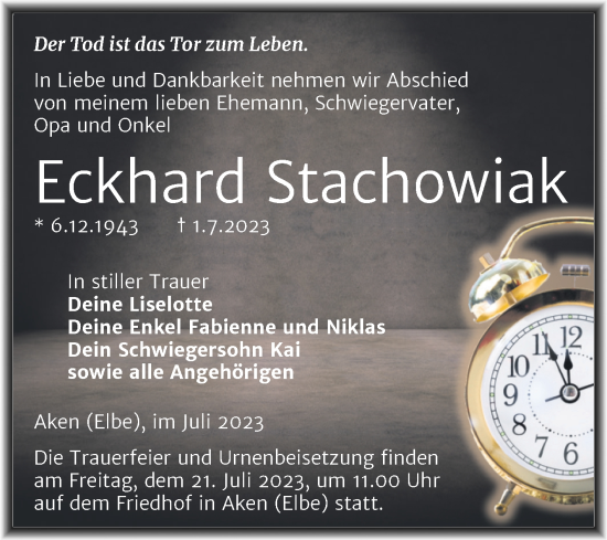 Traueranzeige von Eckhard Stachowiak von Trauerkombi Köthen