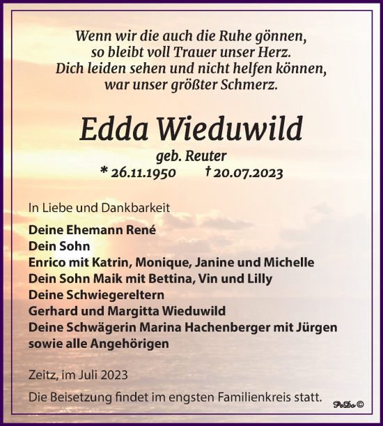 Traueranzeige von Edda Wieduwild von Trauerkombi Zeitz
