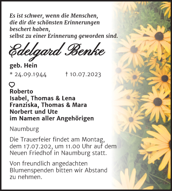 Traueranzeige von Edelgard Benke von Naumburger Tageblatt