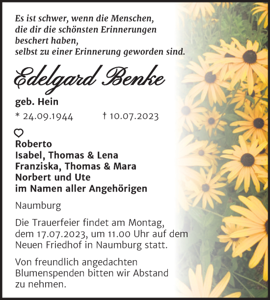 Traueranzeige von Edelgard Benke von Naumburger Tageblatt