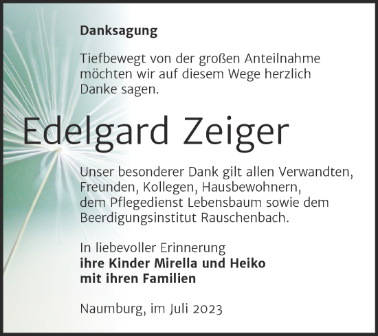 Traueranzeige von Edelgard Zeiger von Wochenspiegel Naumburg/Nebra