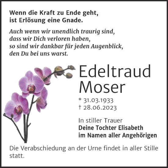 Traueranzeige von Edeltraud Moser von Mitteldeutsche Zeitung Sangerhausen
