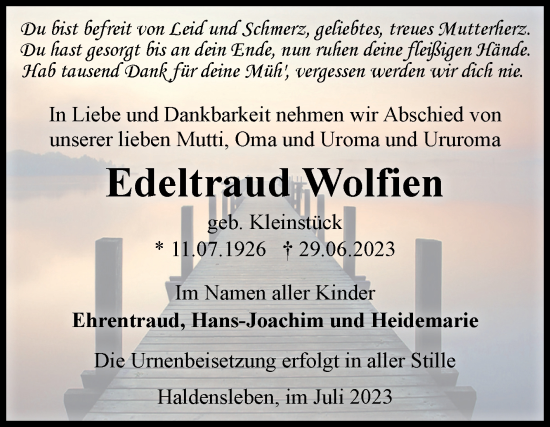 Traueranzeige von Edeltraud Wolfien von Volksstimme Haldensleben/Wolmirstedt