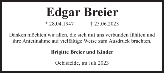 Traueranzeige von Edgar Breier von Volksstimme Altmark West