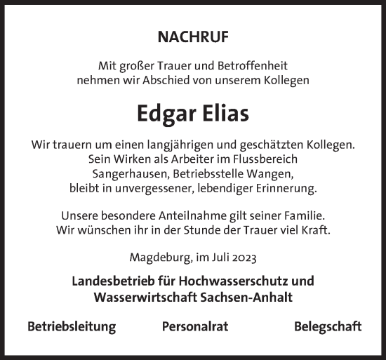 Traueranzeige von Edgar Elias von Wochenspiegel Merseburg/Querfurt