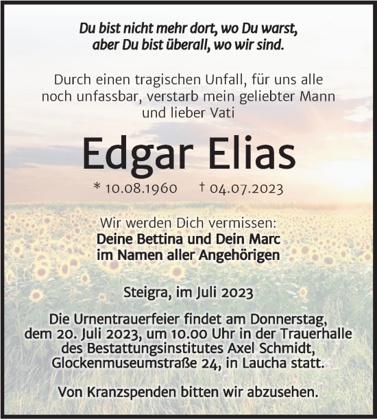 Traueranzeige von Edgar Elias von Trauerkombi Merseburg