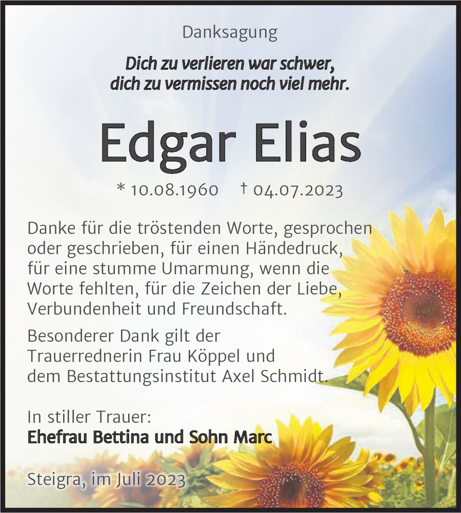  Traueranzeige für Edgar Elias vom 29.07.2023 aus Trauerkombi Merseburg