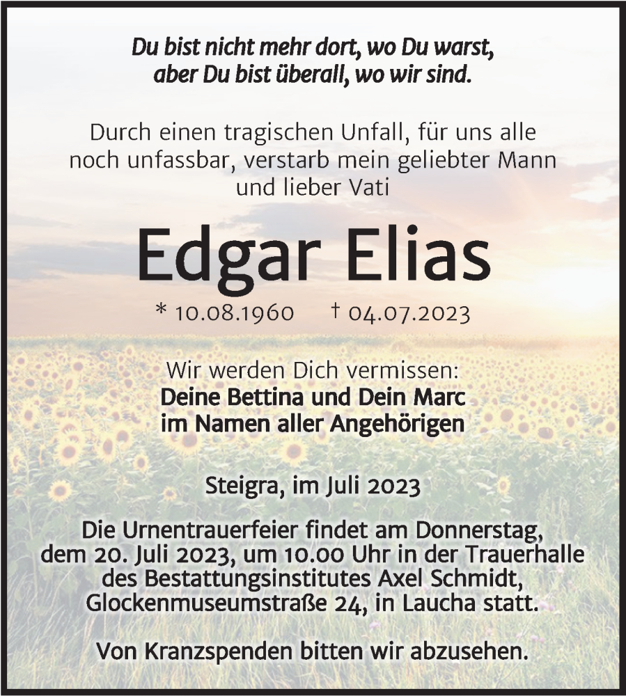  Traueranzeige für Edgar Elias vom 15.07.2023 aus Trauerkombi Merseburg