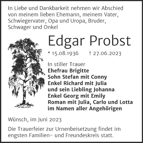 Traueranzeige von Edgar Probst von Trauerkombi Merseburg