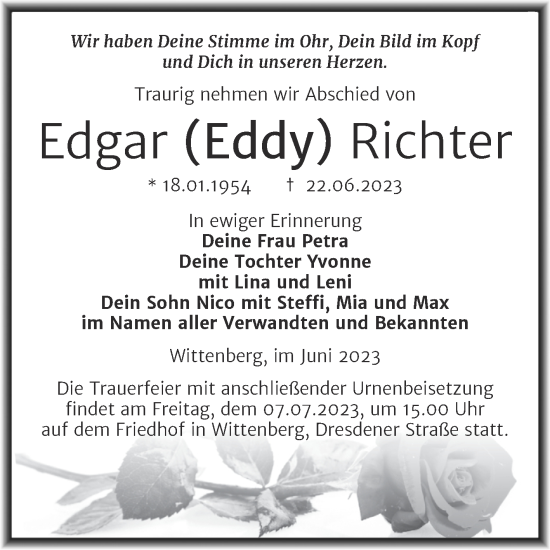 Traueranzeige von Edgar Richter von Trauerkombi Wittenberg