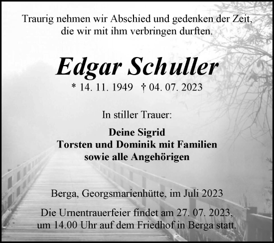 Traueranzeige von Edgar Schuller von Trauerkombi Sangerhausen