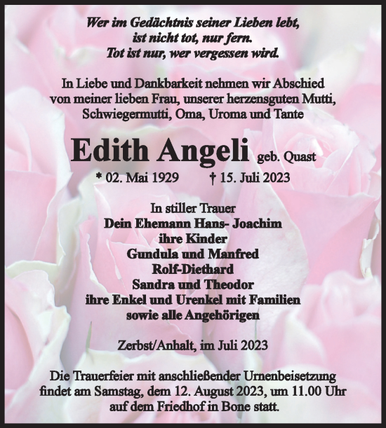 Traueranzeige von Edith Angeli von Volksstimme Zerbst