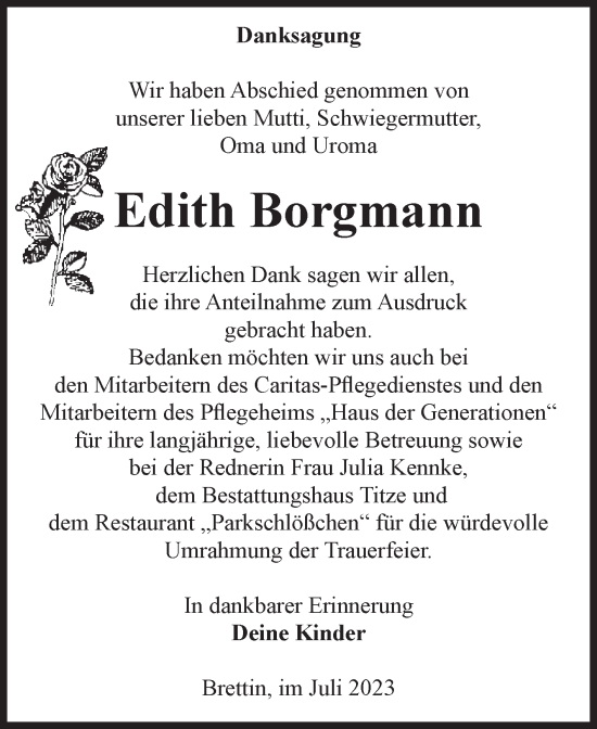 Traueranzeige von Edith Borgmann von Volksstimme Burg/Genthin
