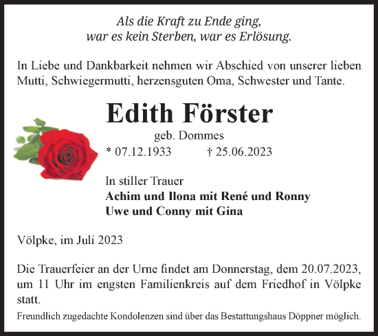 Traueranzeige von Edith Förster von Volksstimme Oschersleben/Wanzleben