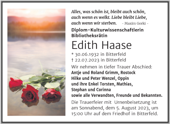 Traueranzeige von Edith Haase von Trauerkombi Bitterfeld