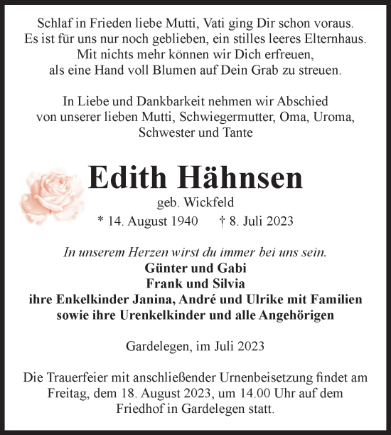 Traueranzeige von Edith Hähnsen von Volksstimme Altmark West