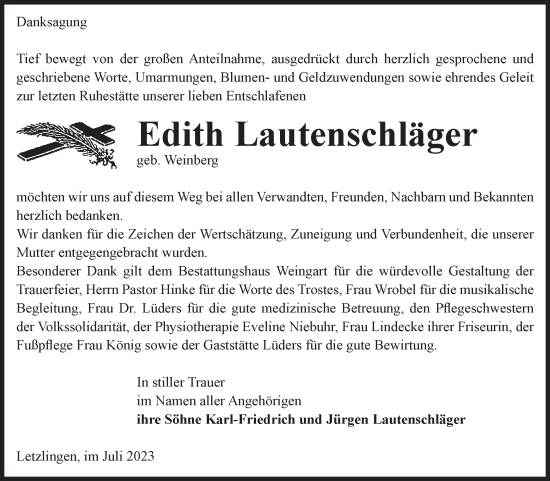 Traueranzeige von Edith Lautenschläger von Volksstimme Altmark West