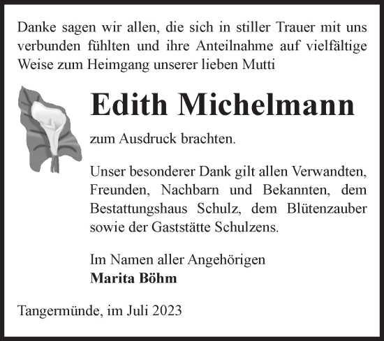 Traueranzeige von Edith Michelmann von Volksstimme Altmark Ost