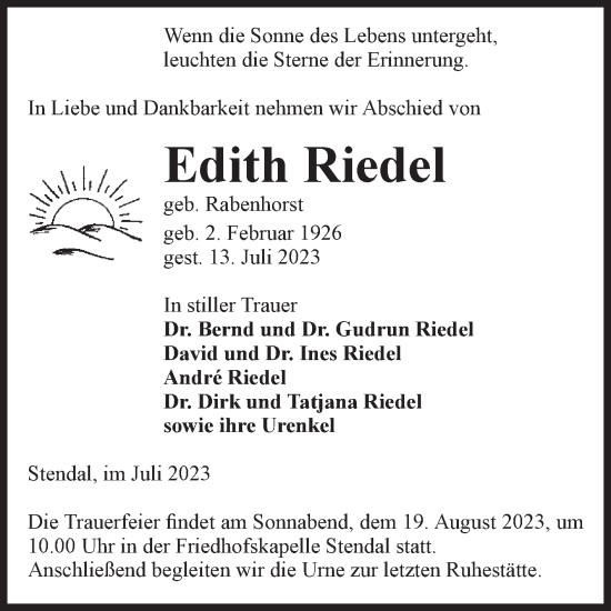 Traueranzeige von Edith Riedel von Volksstimme Altmark Ost