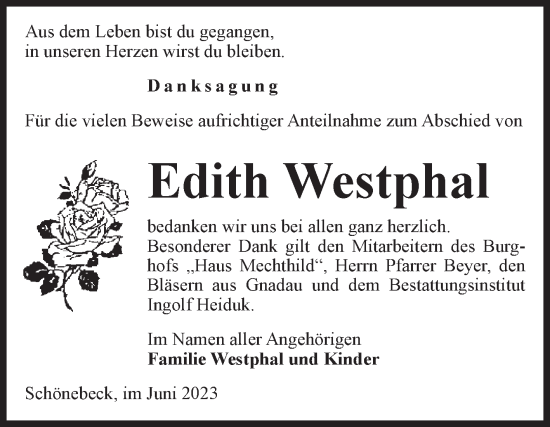 Traueranzeige von Edith Westphal von Volksstimme Schönebeck