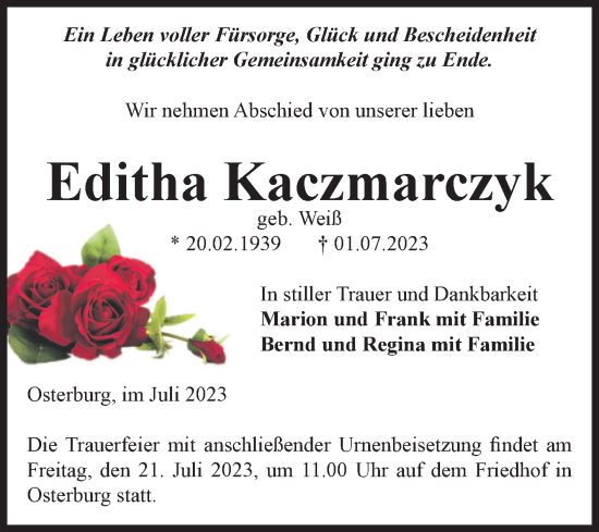 Traueranzeige von Editha Kaczmarczyk von Volksstimme Altmark Ost