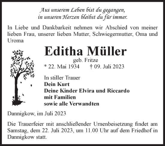 Traueranzeige von Editha Müller von Volksstimme Burg/Genthin