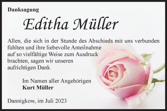 Traueranzeige von Editha Müller von Volksstimme Burg/Genthin