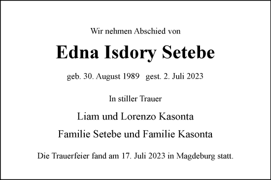 Traueranzeige von Edna Isdory Setebe von Volksstimme Magdeburg