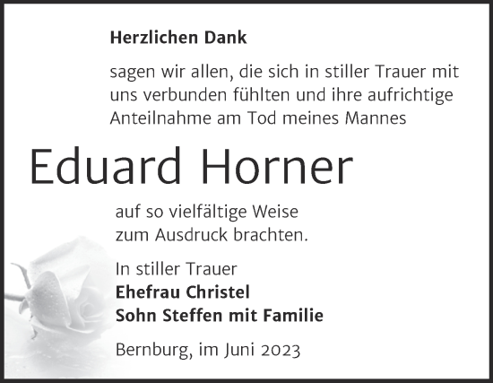 Traueranzeige von Eduard Horner von Trauerkombi Bernburg