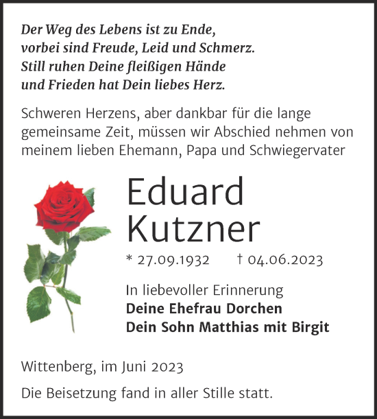 Traueranzeige von Eduard Kutzner von Trauerkombi Wittenberg