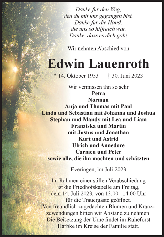 Traueranzeige von Edwin Lauenroth von Volksstimme Haldensleben/Wolmirstedt