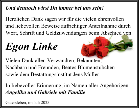 Traueranzeige von Egon Linke von Trauerkombi Aschersleben