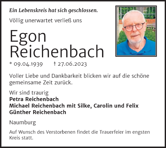Traueranzeige von Egon Reichenbach von Naumburger Tageblatt