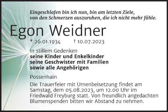 Traueranzeige von Egon Weidner von Wochenspiegel Naumburg/Nebra