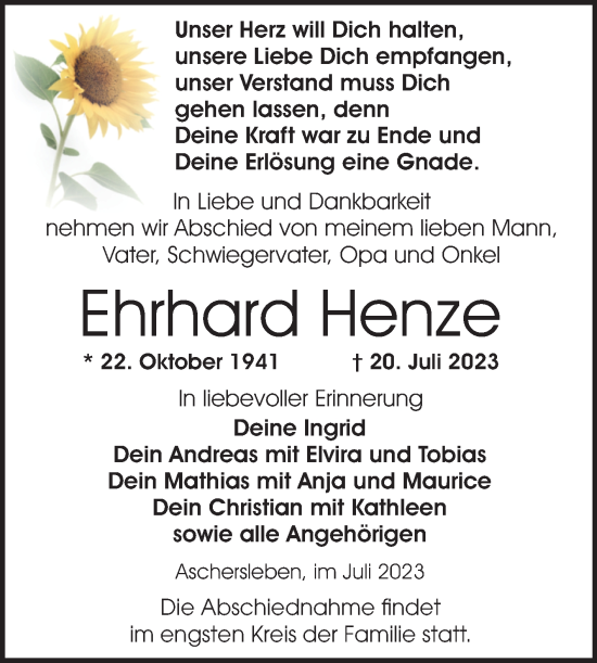 Traueranzeige von Ehrhard Henze von Trauerkombi Aschersleben