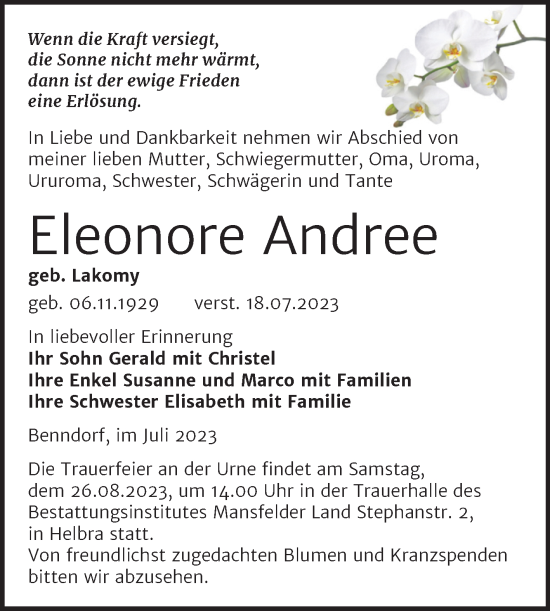 Traueranzeige von Eleonore Andree von Trauerkombi Mansfelder Land