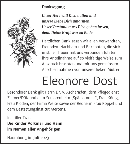 Traueranzeige von Eleonore Dost von Wochenspiegel Naumburg/Nebra