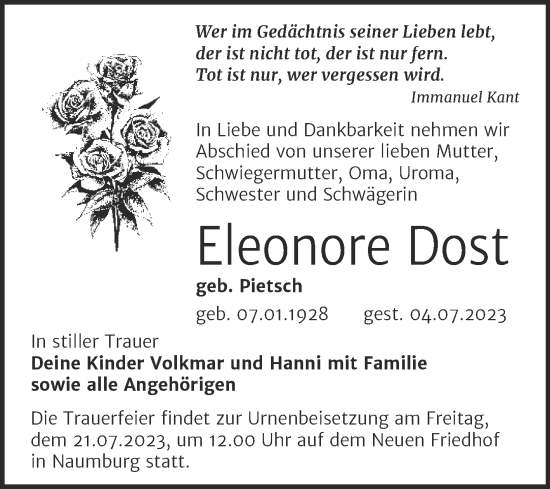Traueranzeige von Eleonore Dost von Wochenspiegel Naumburg/Nebra