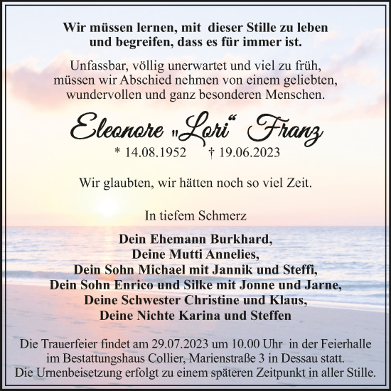 Traueranzeige von Eleonore Franz von Trauerkombi Dessau