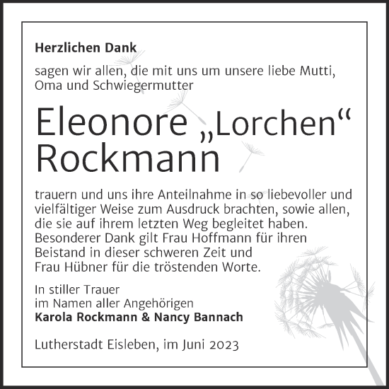 Traueranzeige von Eleonore Rockmann von Trauerkombi Mansfelder Land