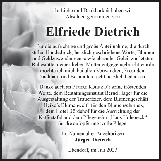 Traueranzeige von Elfriede Dietrich von Volksstimme Magdeburg
