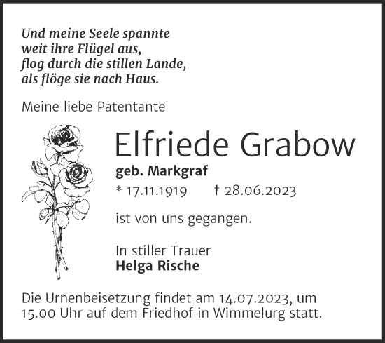 Traueranzeige von Elfriede Grabow von Trauerkombi Mansfelder Land