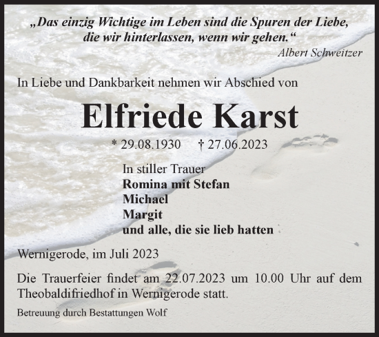 Traueranzeige von Elfriede Karst von Volksstimme Wernigerode